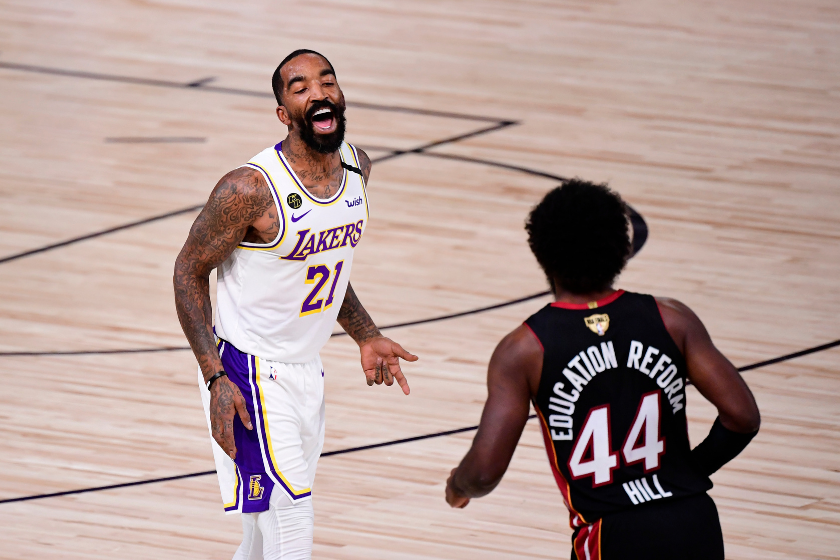 J.R. Smith Reacts after hitting a three in the 2020 NBA Finals