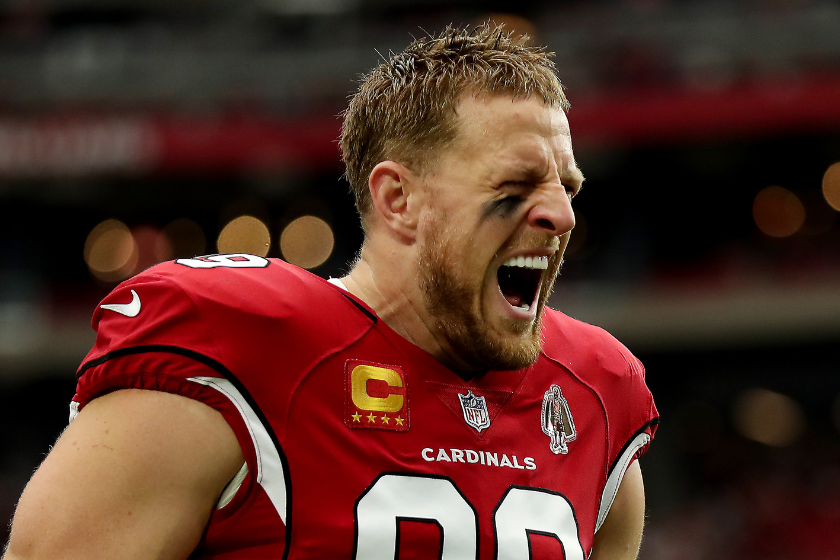 Defensive end J.J. Watt #99 of the Arizona Cardinals yells out before the game against the Los Angeles Rams at State Farm Stadium
