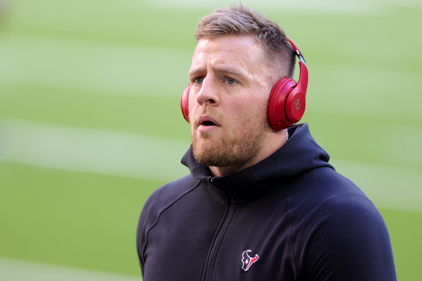 J.J. Watt #99 of the Houston Texans looks on against the Tennessee Titans during a game at NRG Stadium