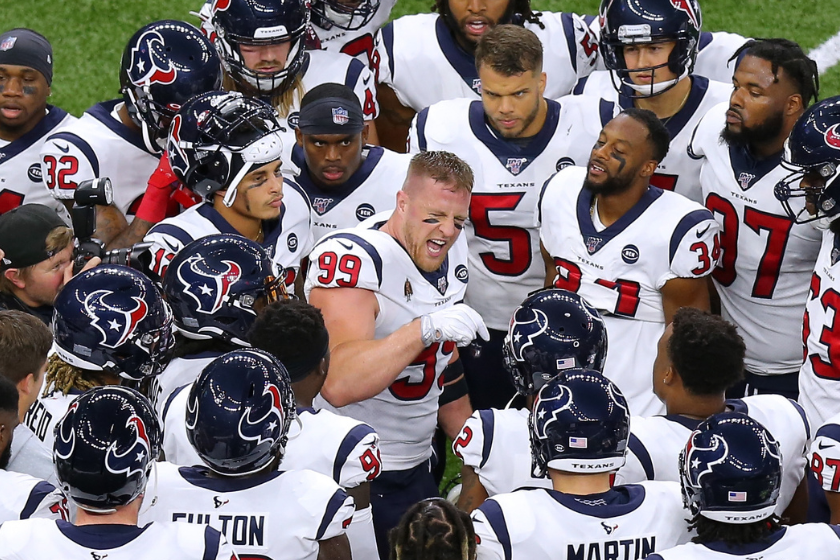  J.J. Watt #99 of the Houston Texans gives the team a pep talk before a game against the New Orleans Saints at the Mercedes Benz Superdome