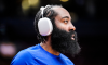 James Harden warms up before a 76ers game.