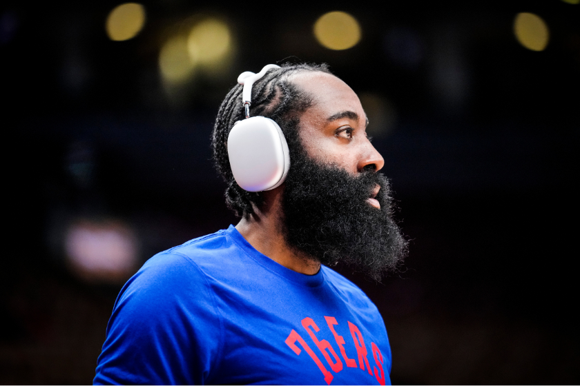 James Harden warms up before a 76ers game.