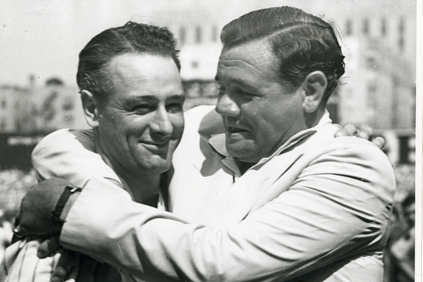 Babe Ruth and Lou Gehrig hg after his farewell speech at Yankee Stadium