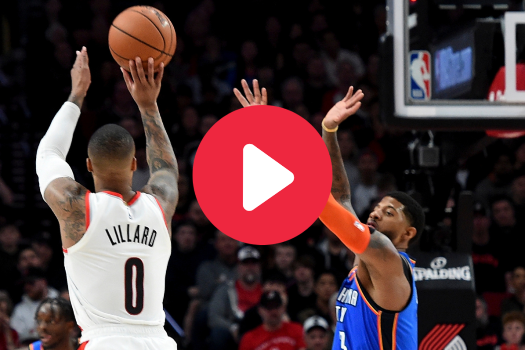 Damian Lillard #0 of the Portland Trail Blazers shoots the ball over Paul George #13 of the Oklahoma City Thunder in the first quarter of Game One of the Western Conference quarterfinals during the 2019 NBA Playoffs at Moda Center