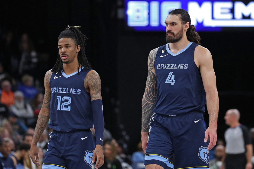 Ja Morant #12 and Steven Adams #4 of the Memphis Grizzlies during the game against the Sacramento Kings at FedExForum
