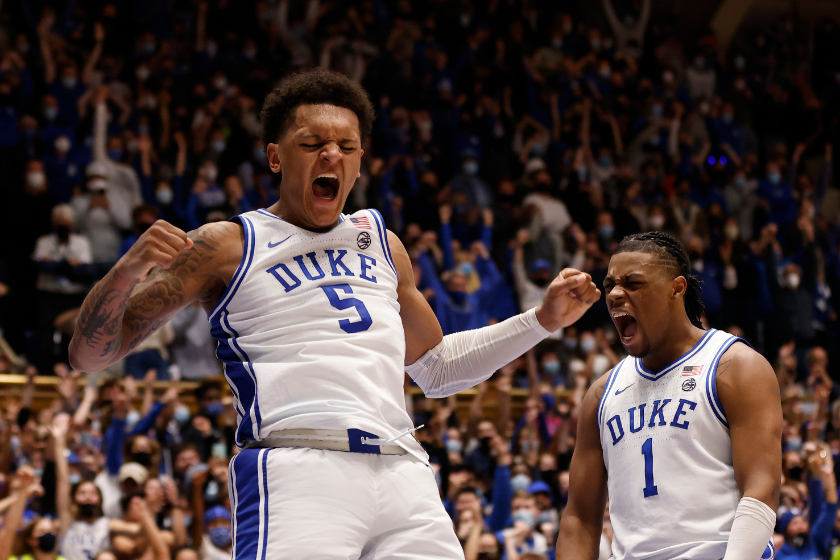 Paolo Banchero reacts to a big play during a Duke Blue Devils basketball game
