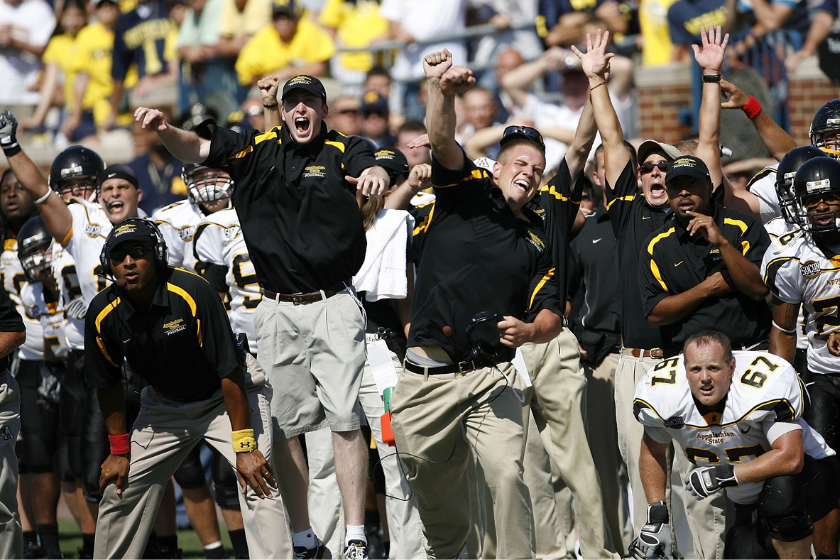 Appalachian State celebrates their victory over the Michigan Wolverines 34-32 