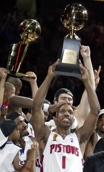 Detroit Pistons point guard Chauncey Billups celebrates winning the 2004 NBA Finals MVP.