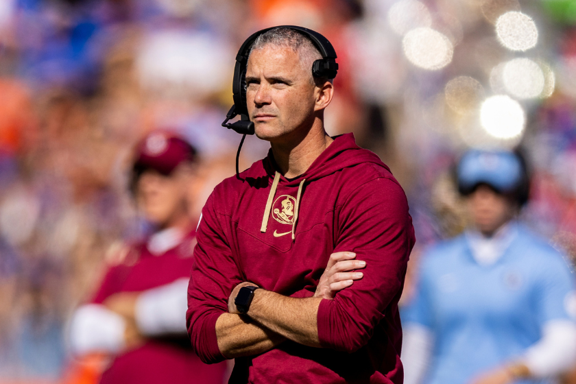 Head coach Mike Norvell of the Florida State Seminoles looks on during the second quarter of a game against the Florida Gators