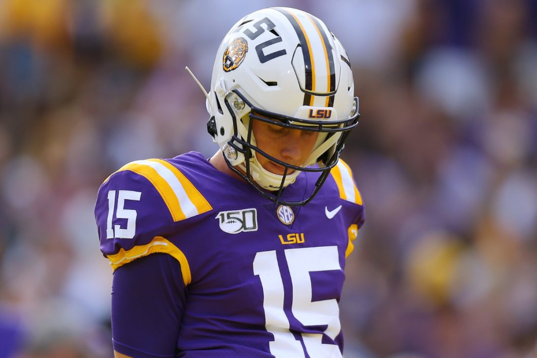 Myles Brennan #15 of the LSU Tigers reacts during a game against the Northwestern State Demons