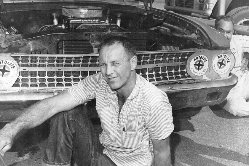 Ralph Earnhardt takes a break from working on the 1961 Ford he drove in the Charlotte 250 NASCAR Late Model Sportsman race at Charlotte Motors Speedway