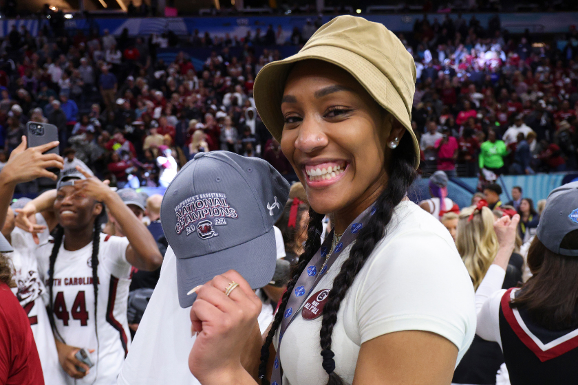 A'ja Wilson celebrates South Carolina's 2022 Women's NCAA Tournament Win