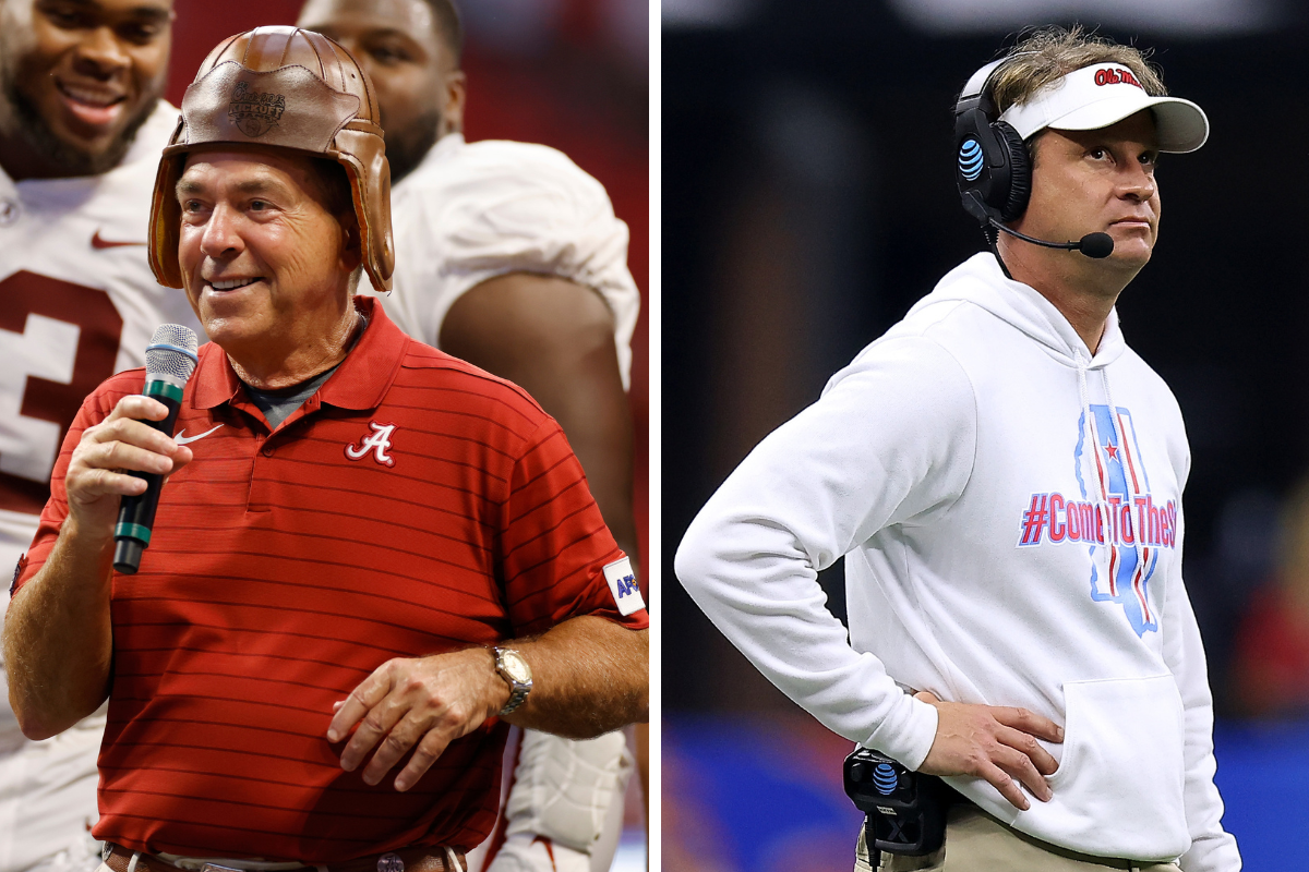 Alabama Crimson Tide head coach Nick Saban wears the leather helmet following the Chick-fil-A Kickoff game against the Miami Hurricanes, Head coach Lane Kiffin of the Mississippi Rebels reacts during the Allstate Sugar Bowl against the Baylor Bears at the Caesars Superdome