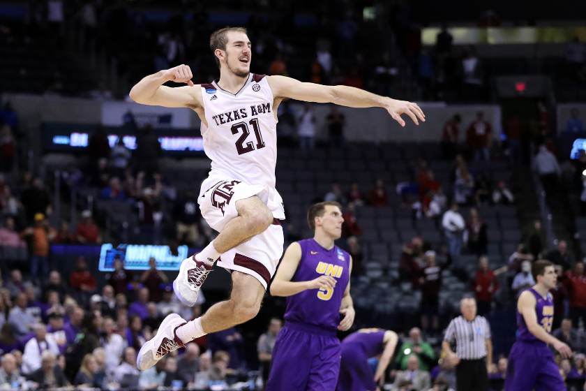 Alex Caruso celebrates after Texas A&M completes its comeback against Norhtern Iowa.