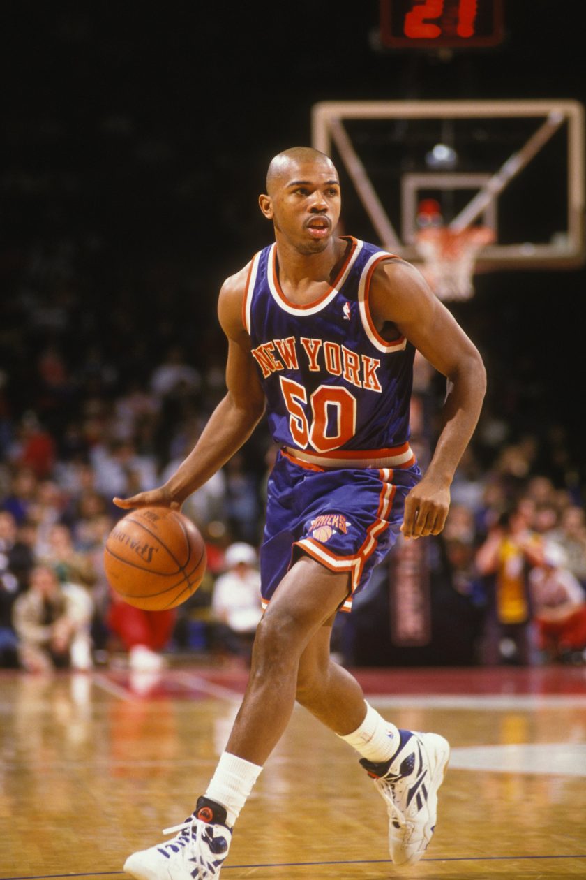 Greg Anthony dribbles the ball during a 1994 NBA game.