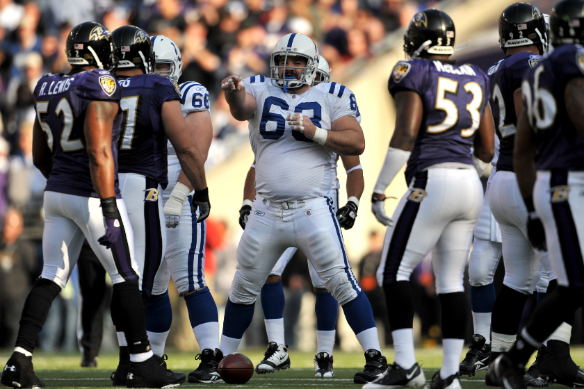 Jeff Saturday #63 of the Indianapolis Colts signals to the offensive line during the game against the Baltimore Ravens at M&T Bank Stadium