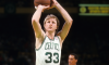 Larry Bird shoots a free throw against the Los Angeles Lakers.
