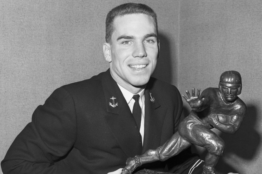 Navy quarterback Roger Staubach gets his reward: the Heisman Memorial Trophy emblematic of the year's outstanding college football player