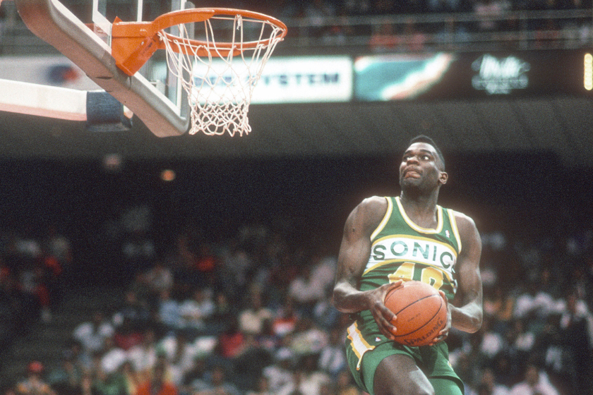 Shawn Kemp #40 of the Seattle Supersonics competes in the slam dunk contest during NBA All Star Weekend