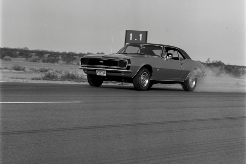black and white photo of 1967 chevy camaro