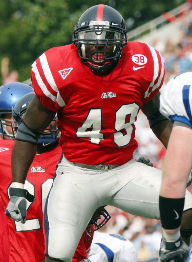 Patrick Willis celebrates after making a tackle for Ole Miss in 2006.