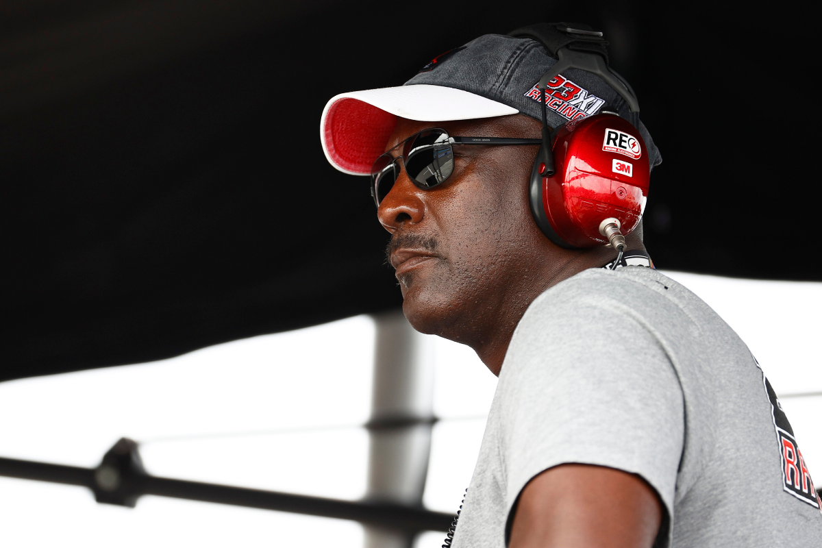 Michael Jordan looks on from the 23XI Racing pit box during the NASCAR Cup Series Go Bowling at The Glen at Watkins Glen International on August 08, 2021 in Watkins Glen, New York