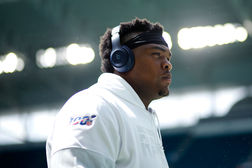 Orlando Brown #78 of the Baltimore Ravens looks on prior to the game between the Miami Dolphins and the Baltimore Ravens