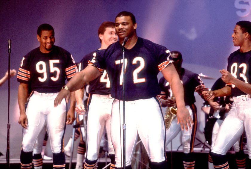 William "Refrigerator" Perry of The Chicago Bears filming the Super Bowl Shuffle at the Park West in Chicago, December 3, 1985.