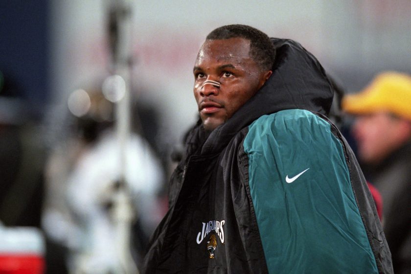 Fred Taylor looks on during a game in 2000.