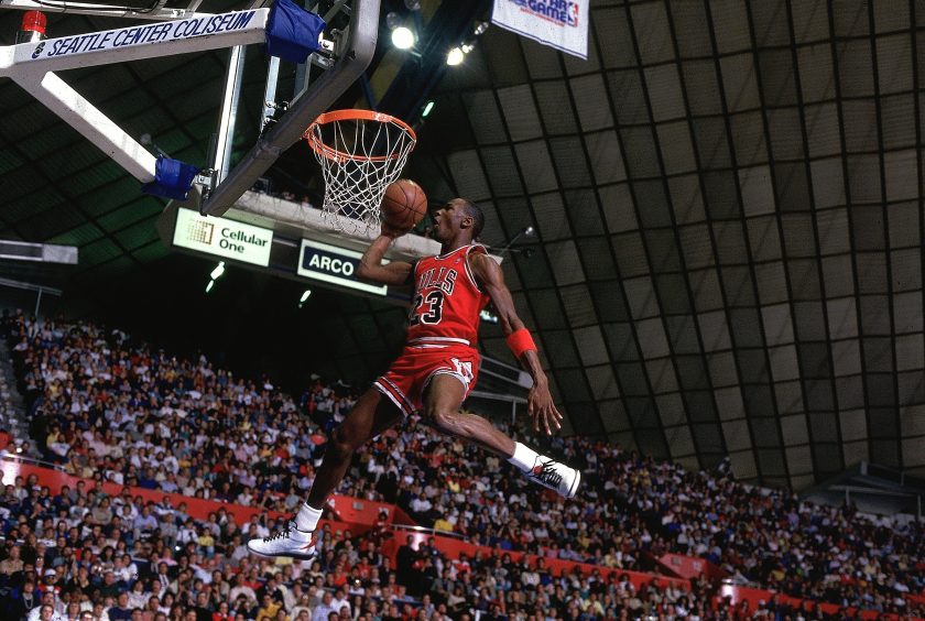 Michael Jordan dunks during the 1987 NBA Dunk Contest.
