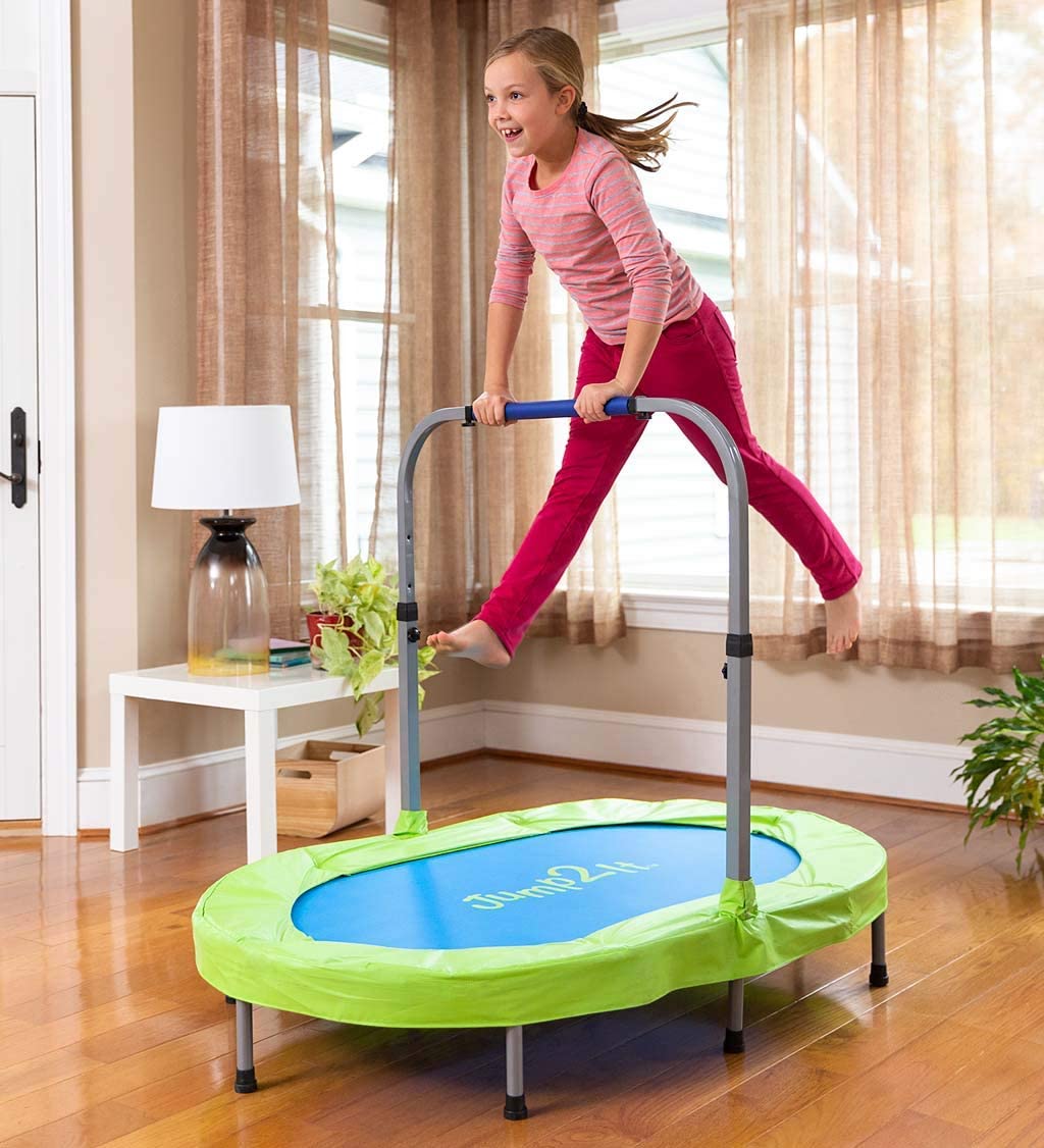 HearthSong Jump2It Indoor Trampoline with Adjustable Handle (24½-35" H), Folds for Storage, Holds Up to 180 lbs., 56" L x 35" W x 9" H