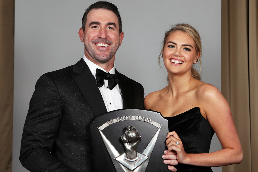 Justin Verlander #35 of the Houston Astros poses for a photo with his wife Kate Upton during the 2020 Baseball Writers' Association of America awards dinner