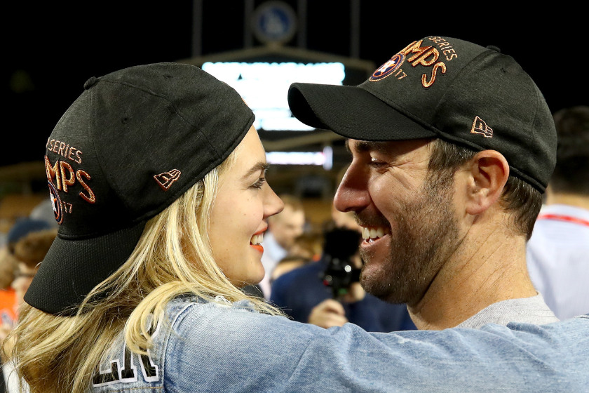Justin Verlander #35 of the Houston Astros celebrates with fiancee Kate Upton after the Astros defeated the Los Angeles Dodgers 5-1 in game seven to win the 2017 World Series