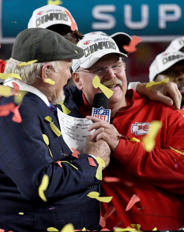 Andy Reid celebrates the Chiefs' win in Super Bowl LIV.