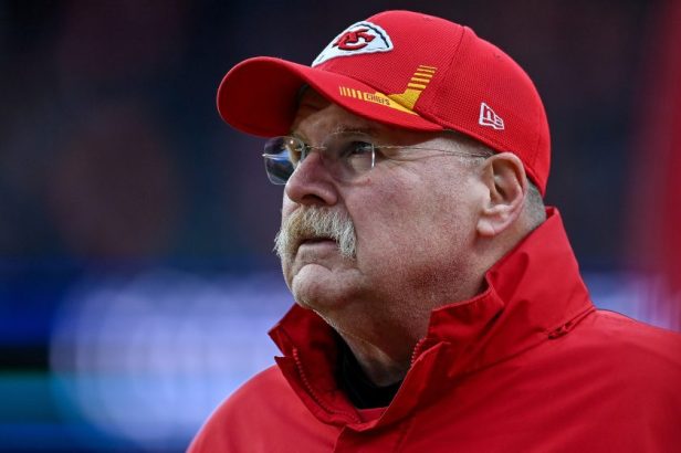 Head coach Andy Reid of the Kansas City Chiefs walks on the sideline during a game against the Denver Broncos at Empower Field at Mile High.