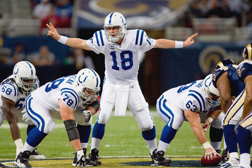 Peyton Manning of the Indianapolis Colts calls the play at the line against the St. Louis Rams at the Edward Jones Dome on October 25, 2009.