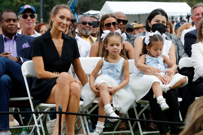 Hannah Jeter, wife of inductee Derek Jeter, attends the Baseball Hall of Fame induction ceremony with their children Bella and Story 