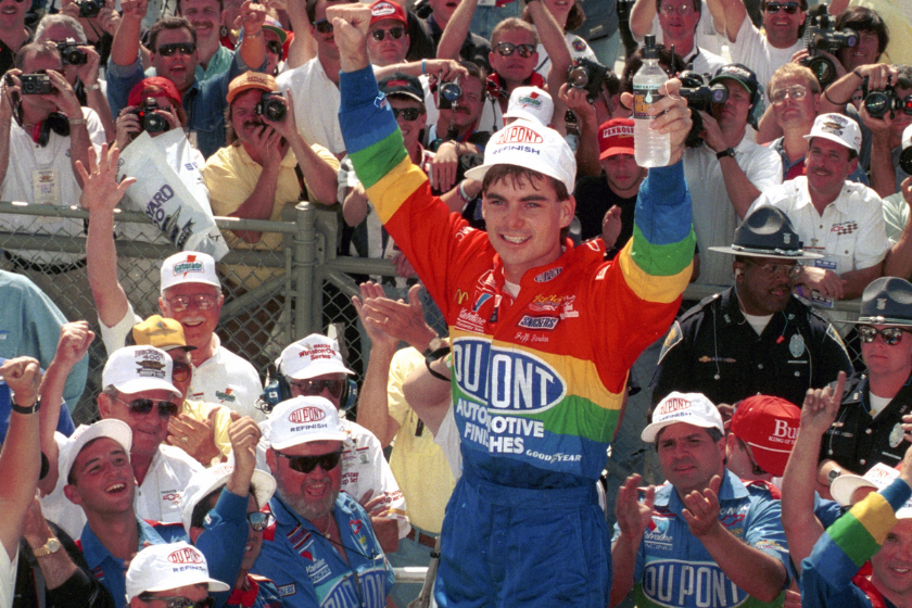 Jeff Gordon celebrates in Victory Lane after winning the Brickyard 400 race on August 6, 1994 at the Indianapolis Motor Speedway