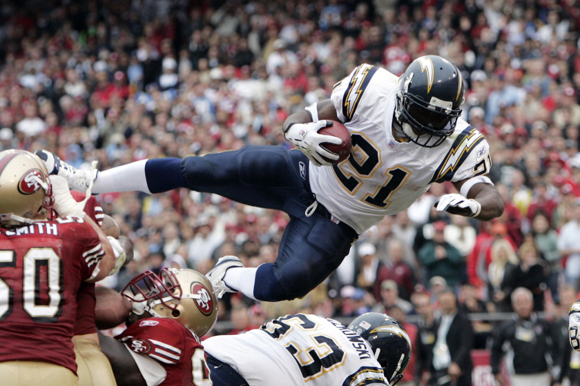 Chargers running back LaDainian Tomlinson scores his third touchdown of the day with a 1-yard leap into the endzone late in the second quarter as the San Diego Chargers defeated the San Francisco 49ers 