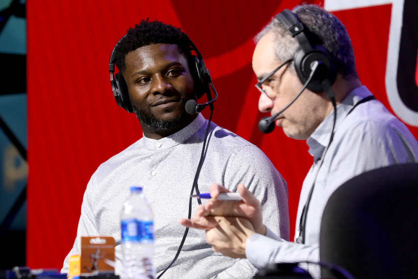 Former NFL player LaDainian Tomlinson and SiriusXM Host Steve Torre speak onstage during day one with SiriusXM at Super Bowl LIV