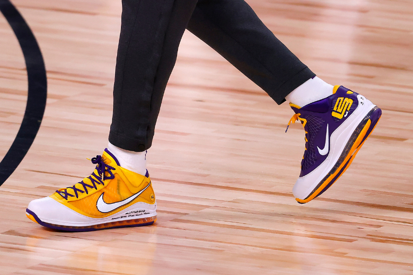 The shoes of LeBron James #23 of the Los Angeles Lakers during warm-up prior to the start of the game against the Miami Heat in Game One of the 2020 NBA Finals at AdventHealth Arena at the ESPN Wide World Of Sports Complex