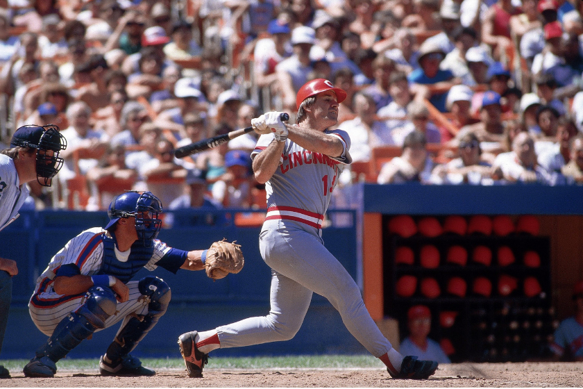 Pete Rose at bat for the Cincinnati Reds in 1977.