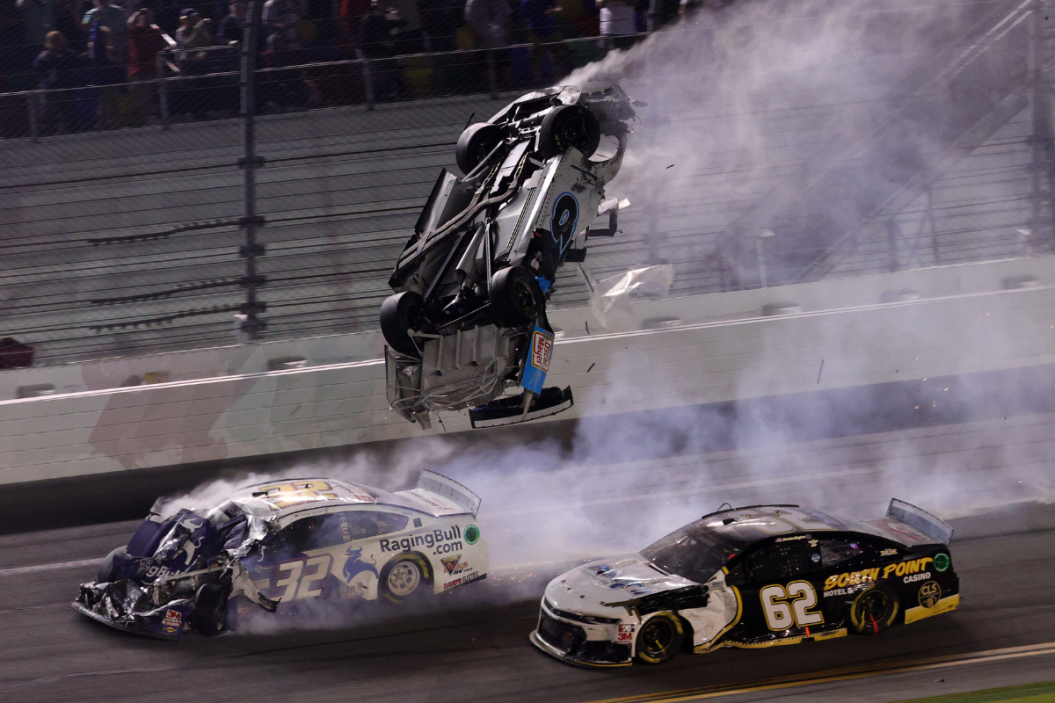 Ryan Newman, driver of the #6 Koch Industries Ford, flips over as he crashes during the 2020 Daytona 500 on February 17