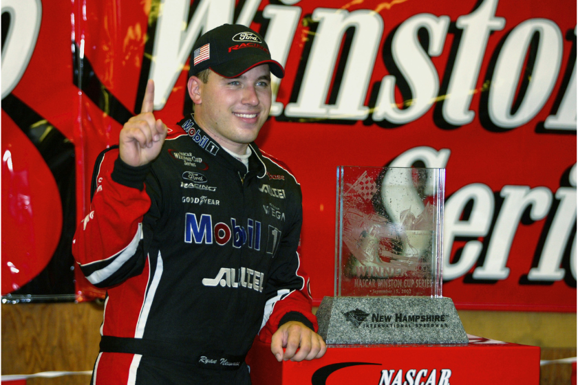 Ryan Newman with trophy after winning rain-shortened 2002 New Hampshire 300 on September 15 at New Hampshire International Speedway