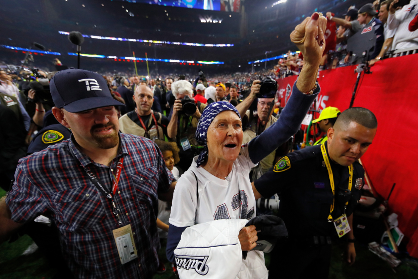 Galynn Brady, mother of Tom Brady #12 of the New England Patriots, celebrates after the Patriots defeat the Atlanta Falcons 34-28 during Super Bowl 51 at NRG Stadium