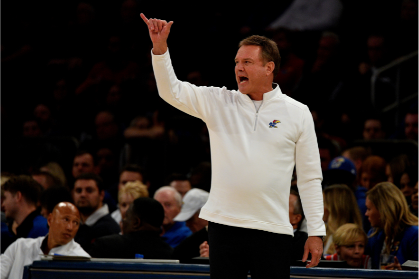 Kansas head coach Bill Self calls a play against Michigan State.