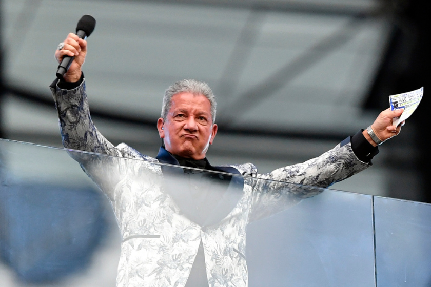 Announcer Bruce Buffer looks on before the game between the Baltimore Ravens and the Las Vegas Raiders