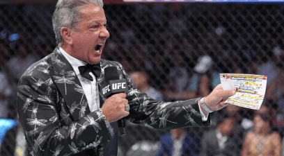 Bruce Buffer announces a fight during the UFC 276 event at T-Mobile Arena