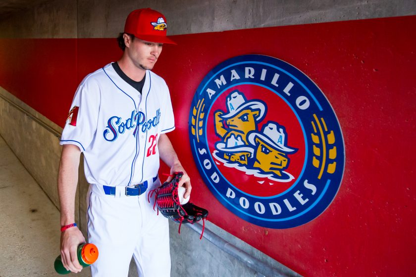 Blake Walston of the Amarillo Sod Poodles walks to the dugout before the game against the Midland RockHounds in 2022.