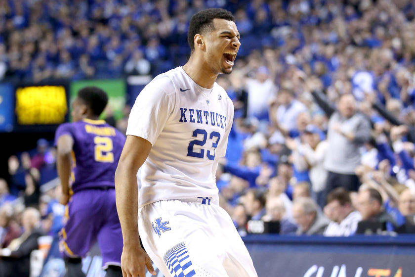 Jamal Murray #23 of the Kentucky Wildcats celebrates in the game against the LSU Tigers at Rupp Arena